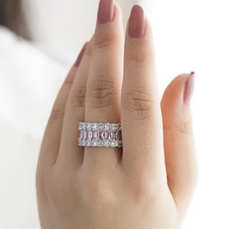 انگشتر زنانه استیل جواهری با کریستال های صورتی و سفید رنگ ثابت