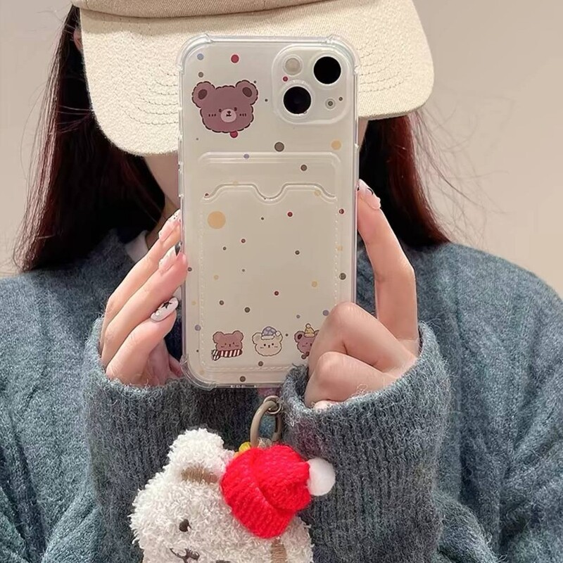 قاب گوشی موبایل آیفون خرس کلاه قرمزی جاکارتی با بند آویز 
