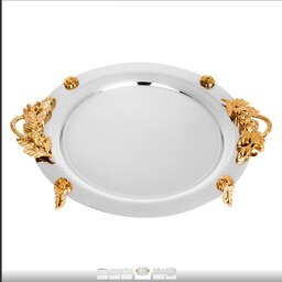 سینی دایره ای سایز متوسط آینه ای با دسته گل رز پایه دار طلایی کد 517 سینی کی اس تی کد 517