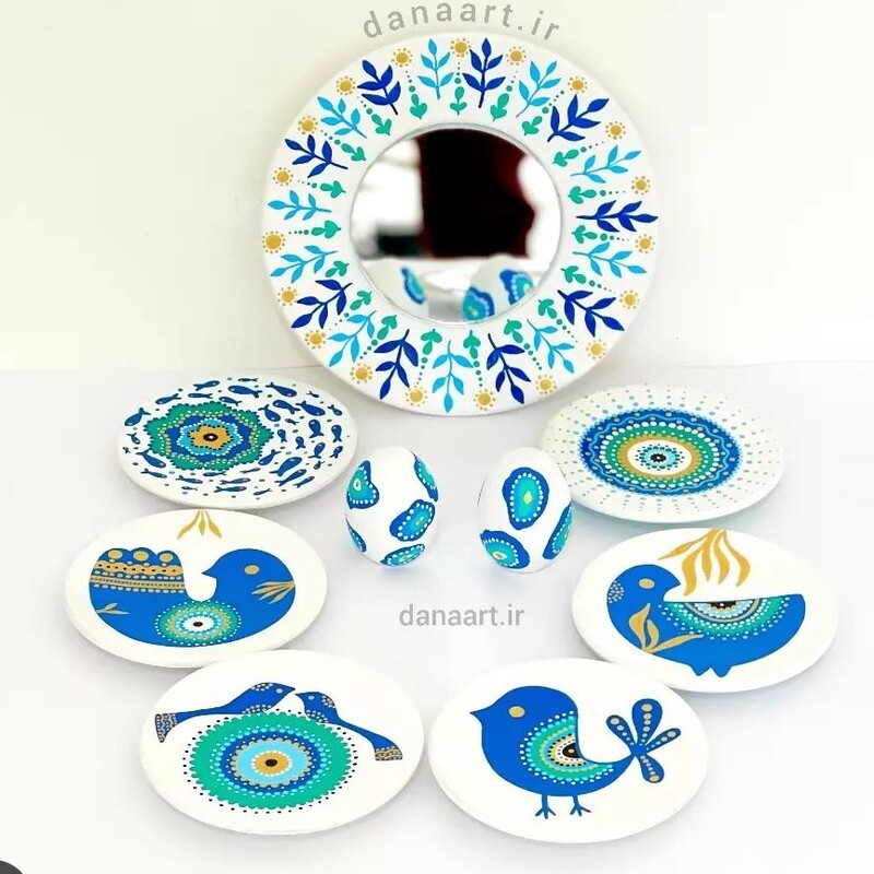 هفت سین سفالی طرح قلم آبی با آینه مجموعه سنتی