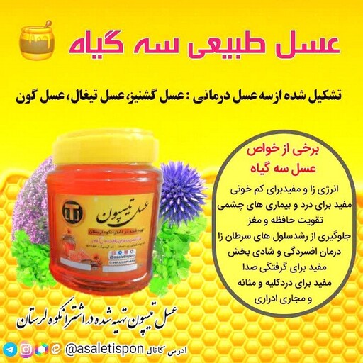 عسل 3 گیاه(گون، تیغال، گشنیز) با خاصیت درمانی اشترانکوه لرستان 1 کیلویی 