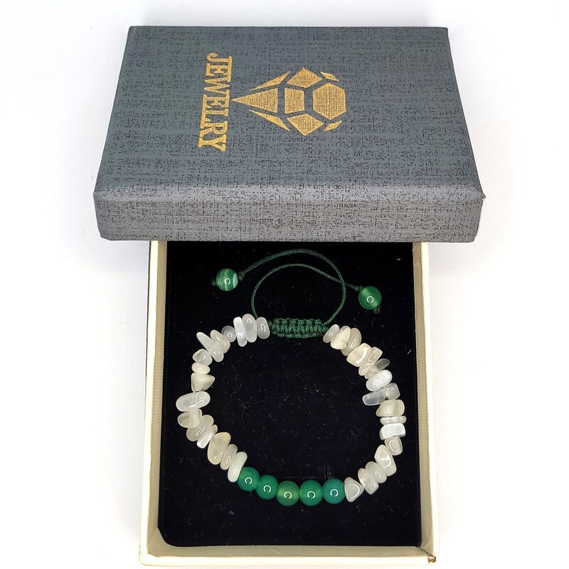 دستبند زنانه سنگ طبیعی مون استون و عقیق سبز کد 117