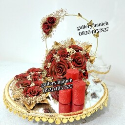 سینی حنا طرح زیبا در رنگ قرمز آماده ارسال همراه با شمع و جام مخصوص حنا خیس 