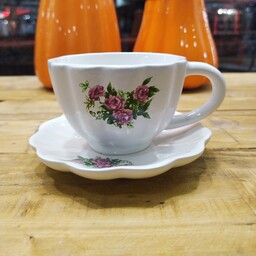 فنجان صدفی و نعلبکی سرامیکی طرح گل سرخی ست شش تایی