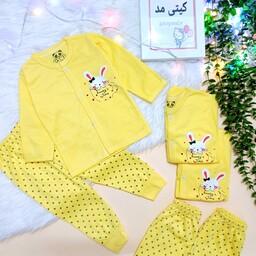 لباس نوزادی دخترانه بلوز و شلوار نوزادی دخترانه بلوز جلودکمه طرح خرگوش رنگ لیمویی زرد سایز یک دو سه بدو تولد تا یکسال 