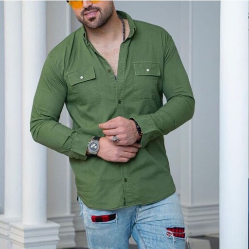 پیراهن کتان مردانه دوجیب رنگ سبز کم رنگ