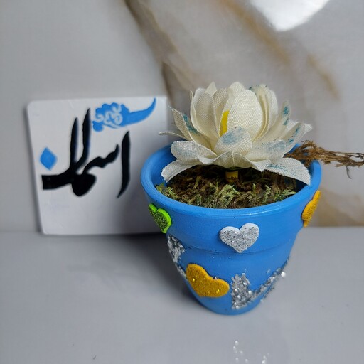 گلدان کوچک فانتزی ولنتاین دکوری و هدیه رنگ آمیزی طرح لاو  رنگ آبی جنس سفال