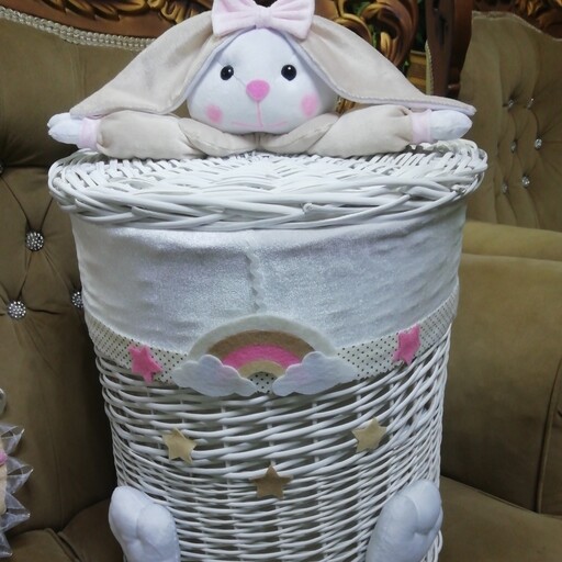 سبد استوانه حصیری مناسب برای اسباب بازی  یا لباس کودک مدل خرس فیل خرگوش تکشاخ