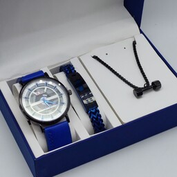 ست مردانه ولنتاین ساعت بند چرمی دستبند رولکس و گردنبند استیل همراه با جعبه