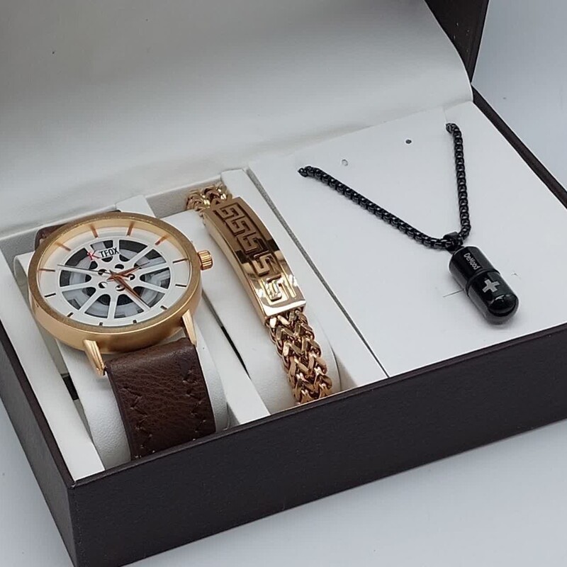 ست ولنتاین مردانه ساعت و دستبند استیل رنگ ثابت و گردنبند همراه با جعبه