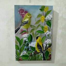 تابلو نقاشی رنگ روغن پرنده های بهاری ابعاد 20 در 30