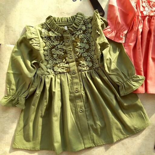 پیراهن دخترونه جلو ارگانزا کیفیت عالی و تضمینی در دو رنگ گلبهی و سبز زیتونی
