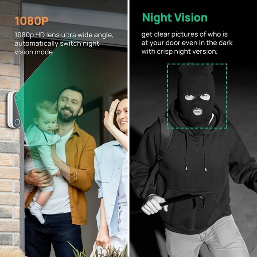 دوربین بی سیم زنگ درب هوشمند امنیتی با HD 1080P، دید در شب، صدای دو طرفه، تشخیص حرکت، ضد آب، نصب آسان