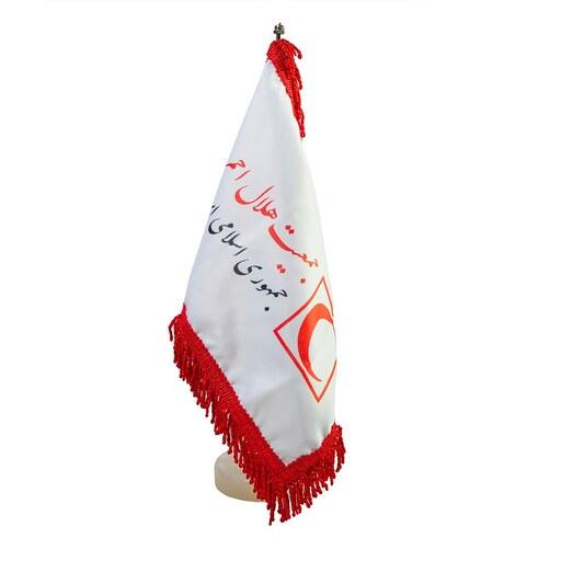 پرچم رومیزی ساتن آرم هلال احمر ریشه قرمز همراه با پایه سنگی رو میزی
