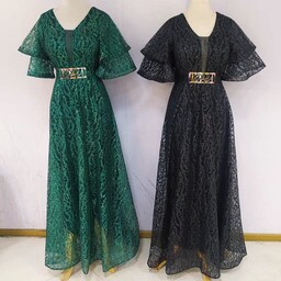 لباس مجلسی بلند ماکسی گیپور اکلیلی سبز مشکی سایز 36 تا 46 نسترن