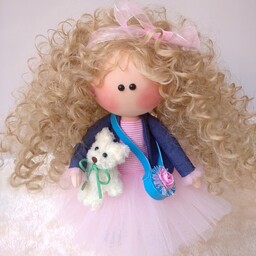 عروسک روسی دختر مو فرفری جذاب  سی سانتی همراه عروسک بغلی و کیف