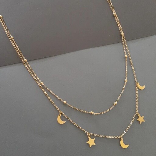 گردنبند استیل دولاین ظریف زنجیر توپی و آویز ماه و ستاره رنگ ثابت طلایی (لاوین گالری)