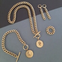 ست گردنبند دستبند انگشتر گوشواره کارتیر استیل با آویز الیزابت طلایی رنگ ثابت 