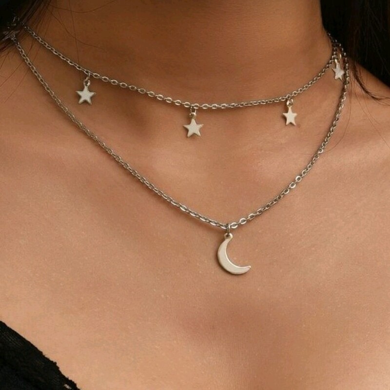 گردنبند زنانه دولاین ماه و ستاره زنانه استیل و رنگ ثابت