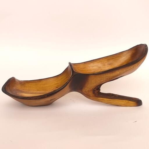 ظرف اردور خوری چوبی دست ساز رنگ قهوه ای روشن و تیره ساخته شده از چوب درخت زیتون 