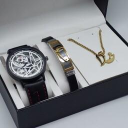 ست کامل ساعت، دستبند چرم، و گردنبند خدا مردانه   با جعبه ولنتاین هدیه ای خاص