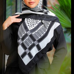 روسری قواره کوچک سفید مشکی طرح عربی نخی چاپ خیس ارسال رایگان 