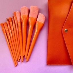 براش ده تکه پاستیلی کیف دار  ست قلمو ارایشی پرتراکم حرفه ای نارنجی پرطرفدار باکلاس براش کادویی