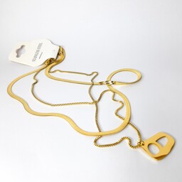 گردنبند استیل طلایی دوتایی زنجیر ماری و نیمانی رنگ ثابت