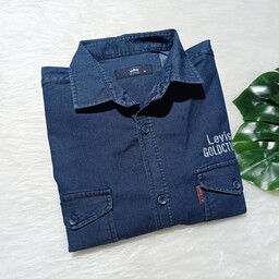 پیراهن مردانه جین آبی تیره آستین کوتاه دوجیب گلدوزی شده ارسال رایگان 