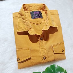 پیراهن کتان مردانه آستین کوتاه دو جیب رنگ خردلی ارسال رایگان