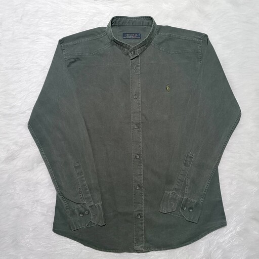 پیراهن کتان مردانه یقه دیپلمات رنگ سبز لجنی سنگشور آستین بلند بدون جیب ارسال رایگان 