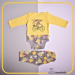 لباس راحتی نوزاد و کودک، ست زیر دکمه آستین بلند و شلوار، طرح دوچرخه، برند شابن، ایرانی، سایز بندی یک ماه تا دو سال.