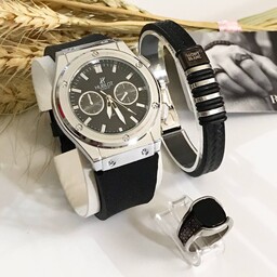 ست ساعت و دستبند و انگشتر مردانه ساعت تاریخدار تایوانی مارک HUBLOT در سه طرح مختلف کد 910520