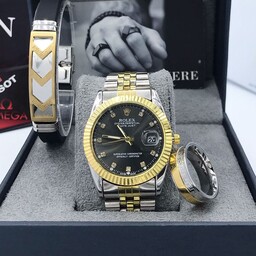 ست ساعت و دستبند و انگشتر مردانه ساعت تاریخدار مارک ROLEX کد771450