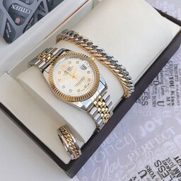 ست ساعت و دستبند و انگشتر مردانه ساعت تاریخدار مارک ROLEX صفحه چرخان کد9090473