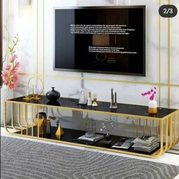 میز تلویزیون فلزی آبکاری فورتیک رنگ ثابت با صفحه ایینه و شیشه مشکی وام دی اف های گلاس طرح سنگ 