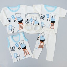 بهترین لباس نوزادی پسرانه ست 5 تکه نخی آبی سفید خرس و حروف 