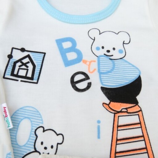 بهترین لباس نوزادی پسرانه ست 5 تکه نخی آبی سفید خرس و حروف 
