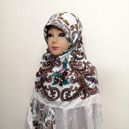 روسری ترکمن قواره 120 زمینه سفید با ریشه های سفید رنگ