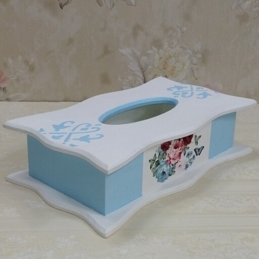 جعبه چوبی جا دستمالی  دکوپاژ با طرح و رنگ دلخواه ضدآب قابل شستشو شیکوپاژ در چند طرح و ابعاد