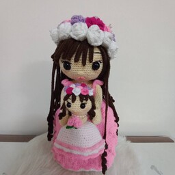 دسته گل سوپرایز عروسکی بافتنی سایز بزرگ و کوچک (2 عددی) دو طرفه با قابلیت تغییر رنگ لباس مو و گل  شیکوپاژ
