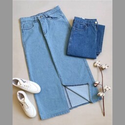دامن جین جلوچاک سایز 38 تا 46 رنگ آبی روشن و آبی متوسط و آبی کاربنی