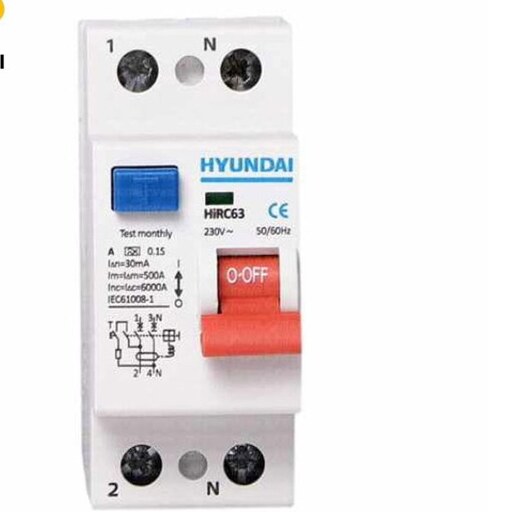 کلید محافظ جان 63 آمپر تکفاز هیوندای HYUNDAI HiRC-63-2P-63A - 30ma