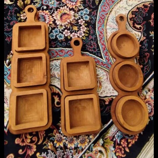 اردو خوری سه خانه مربع دسته دار ، ظرف سه خانه چوبی مربع ، سینی و پیاله چوبی مربع 