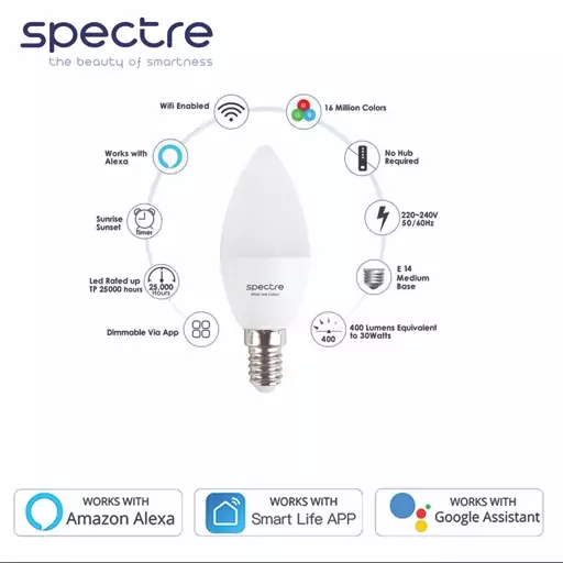 لامپ شمعی ال ای دی هوشمند RGB اسپکتر 5.5 وات مدل پایه E14