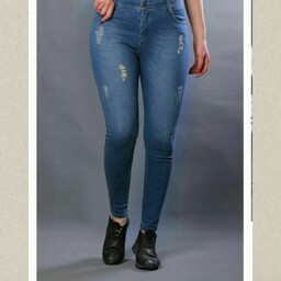 شلوار جین مدل لوله زاپ زخمی جنس جین پنبه پاورکش رنگ آبی سایز 36