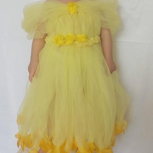 لباس پرنسسی زرد بلا مناسب تا سه سال بسیار زیبا به همراه تل 
