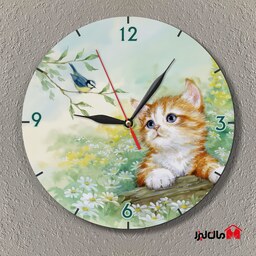 ساعت دیواری فانتزی  نقاشی گربه و پرنده آبرنگ مان لیزر
