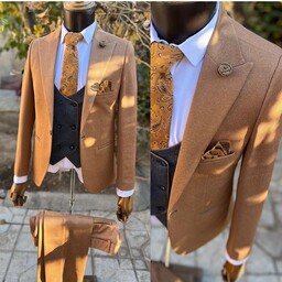 کت و شلوار و جلیقه (دو رو) مردانه اسپرت سایز 46 تا 54 اندامی رنگ دارچینی ارسال رایگان کراوات رایگان