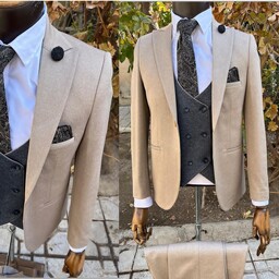 کت و شلوار مردانه اسپرت با جلیقه (دو رو) رنگ کرم سایز 46 تا 54 اندامی  ارسال رایگان کراوات رایگان